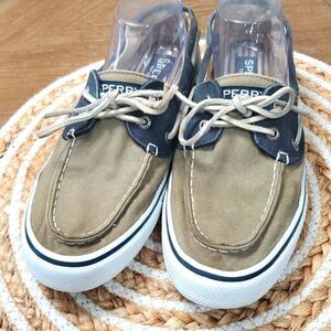 Sperry Mens Canvas Brown/Blue Boat Shoes, Size 9